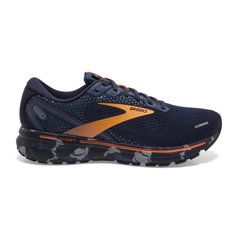 Brooks Ghost 14 Cushioned Road Running Shoes - Men's - Navy/Grey/Orange (07593-SBNI)